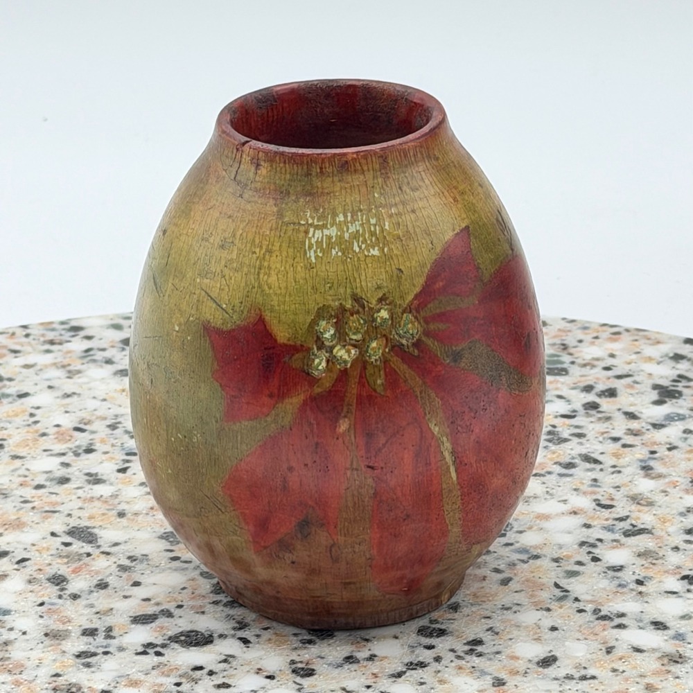 Antique Hand Painted Poinsettia Wooden Vase 1914 Florida Souvenir